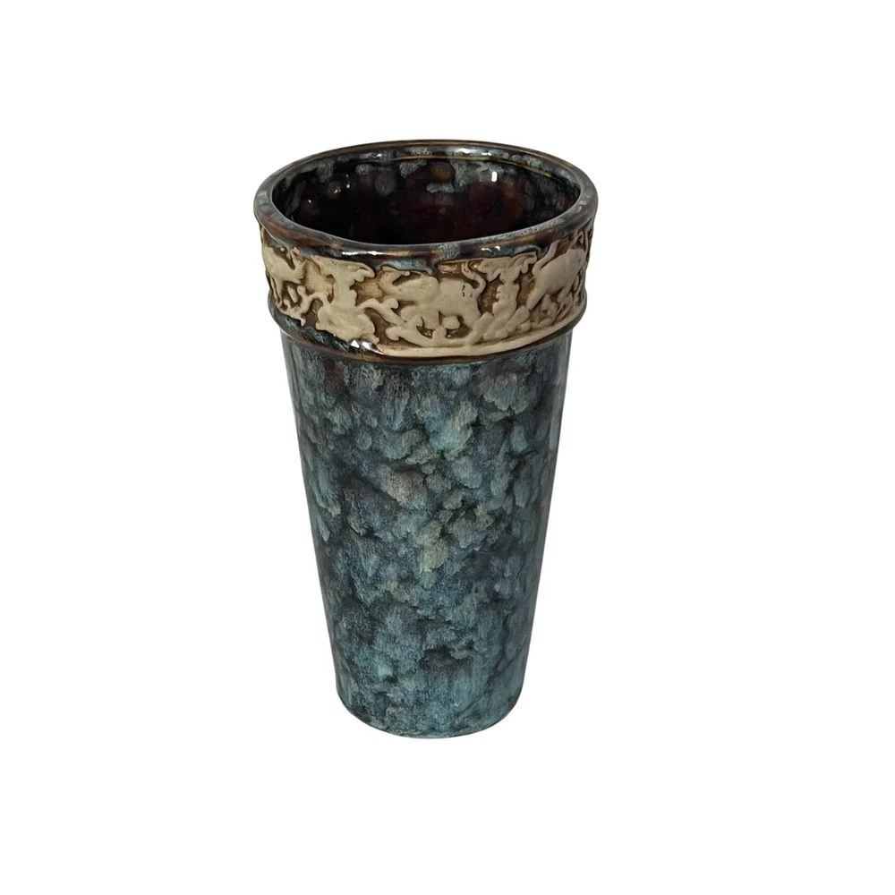 Unbranded Elephant Relief Ceramic Vase OS Blue Brown Mottled‎ Glaze Boho Decor